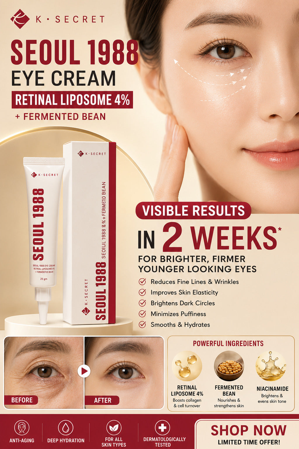 K-SECRET Seoul 1988 Retinal Liposome 4% Eye Cream | Anti-Aging Care for Dark Circles, Fine Lines & Puffiness